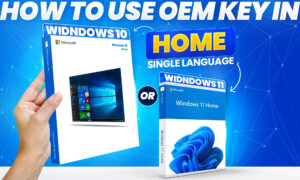 Step-by-step guide to upgrading Windows Home to Pro edition using an OEM key. Features a laptop screen showing Windows Activation settings and the upgrade process.